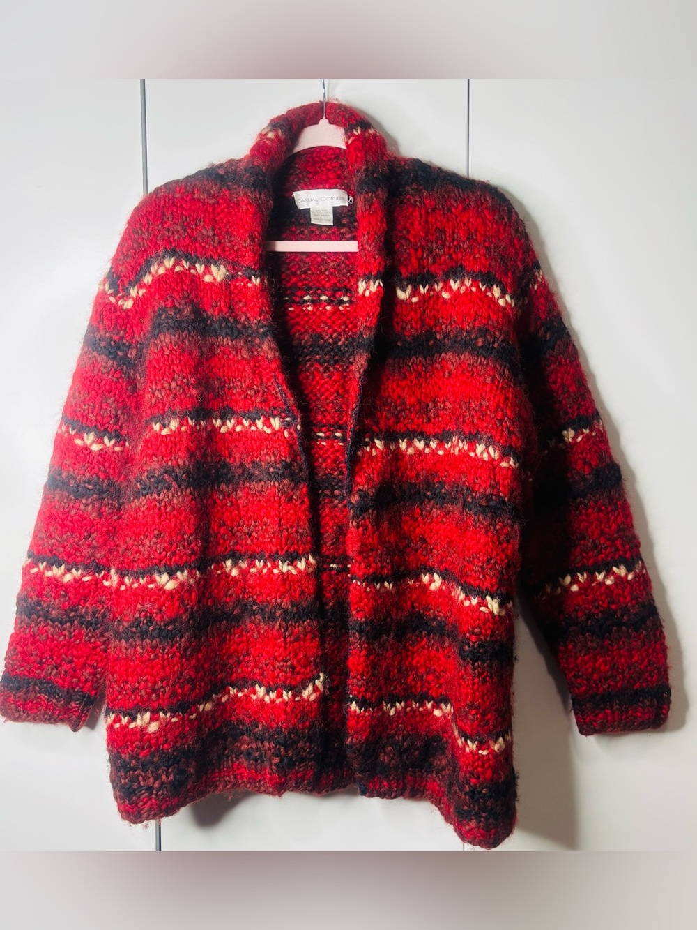 Casual Corner Red, Black & Cream Striped Chunky Cardigan